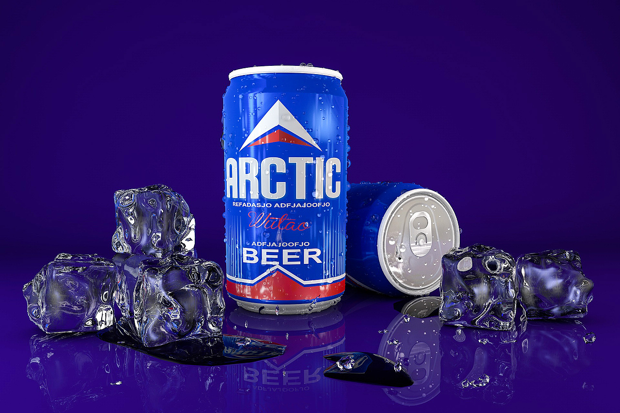 c4d啤酒罐冰块建模蓝色场景