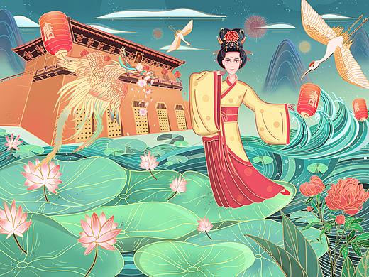 大明宫国潮插画（个人主页-ZNDI2NDIzNjg=） - 创作习作 - 站酷设计师开着飞机去爬山原创素材 - 站酷ZCOOL