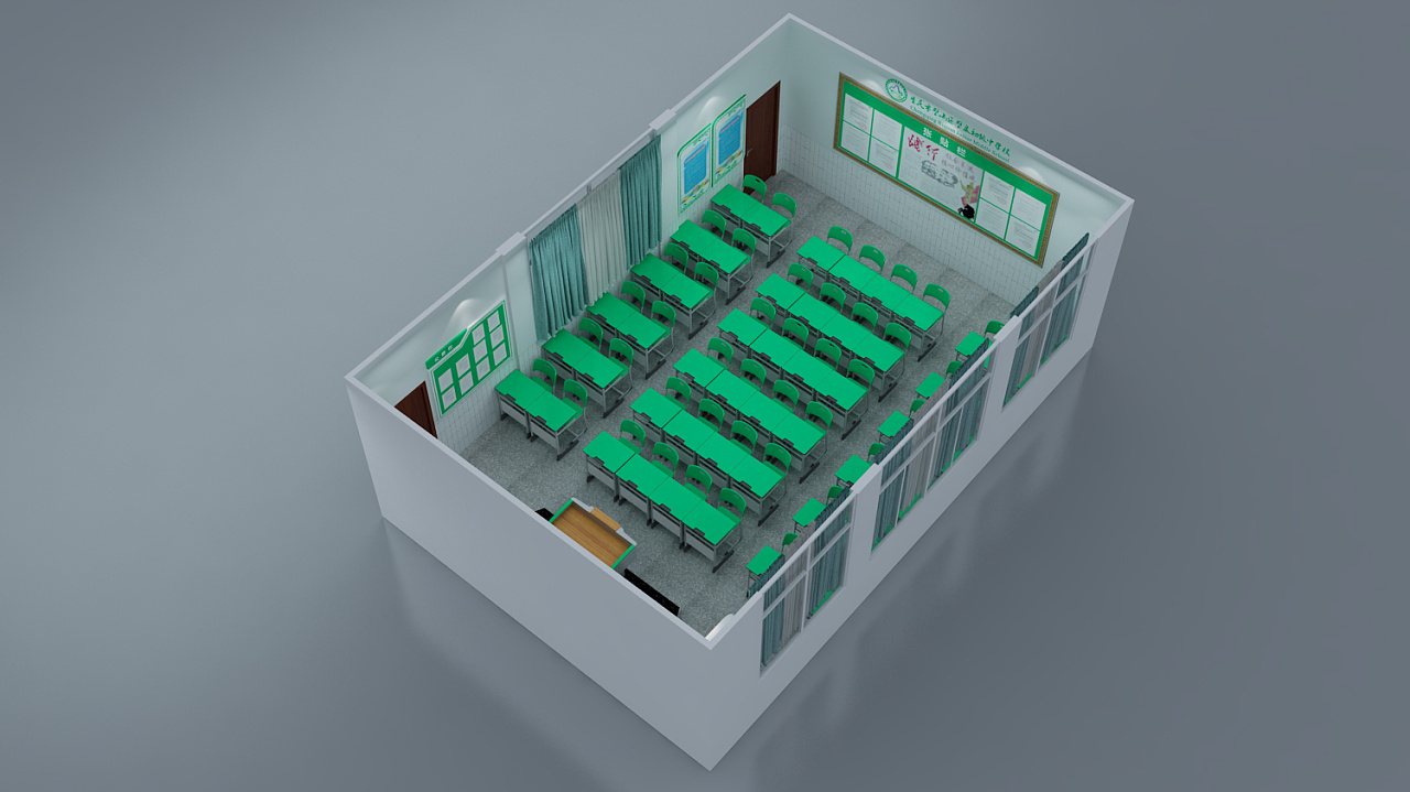 学校教室绿色系简约风3d效果图|三维|场景|治术艺空 - 原创作品