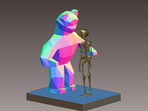 几何雕塑设计（抱抱熊），钻石切面几何模型3D画图展平