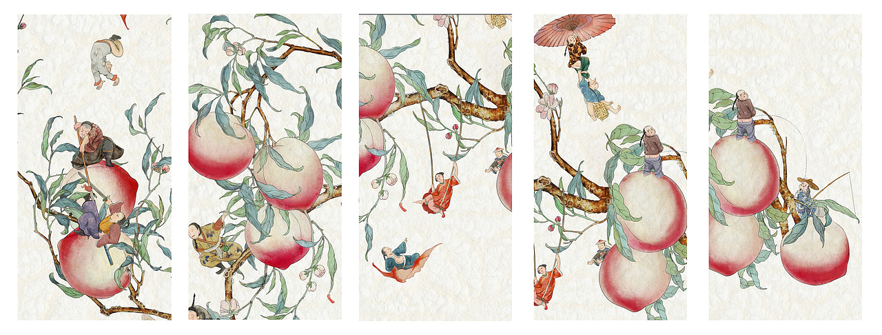 清雍正粉彩过枝福寿双全八桃五蝠大盘文创插画