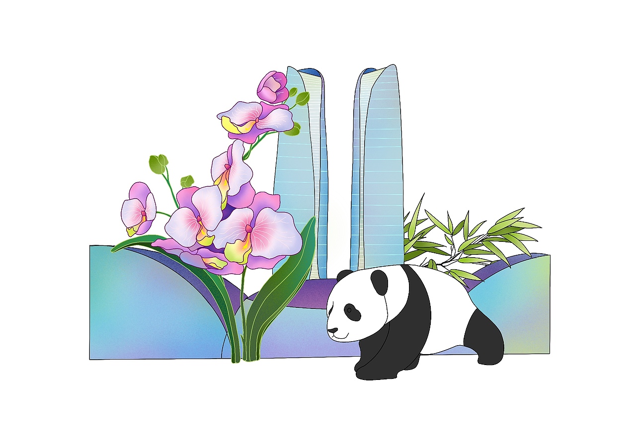 成都标志建筑熊猫手绘