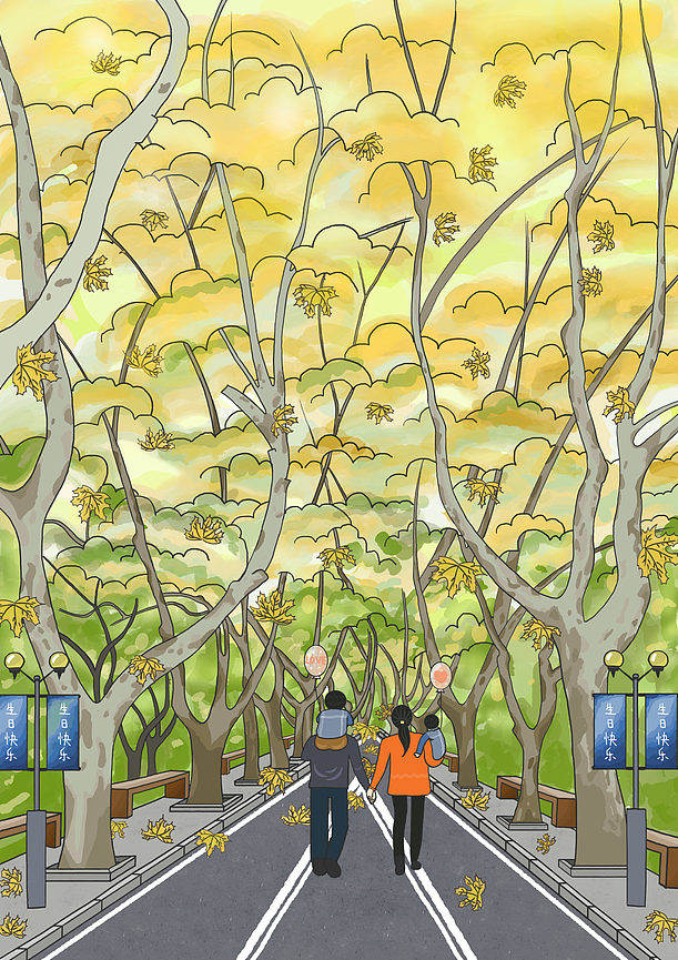 一家大小在法国梧桐树下散步