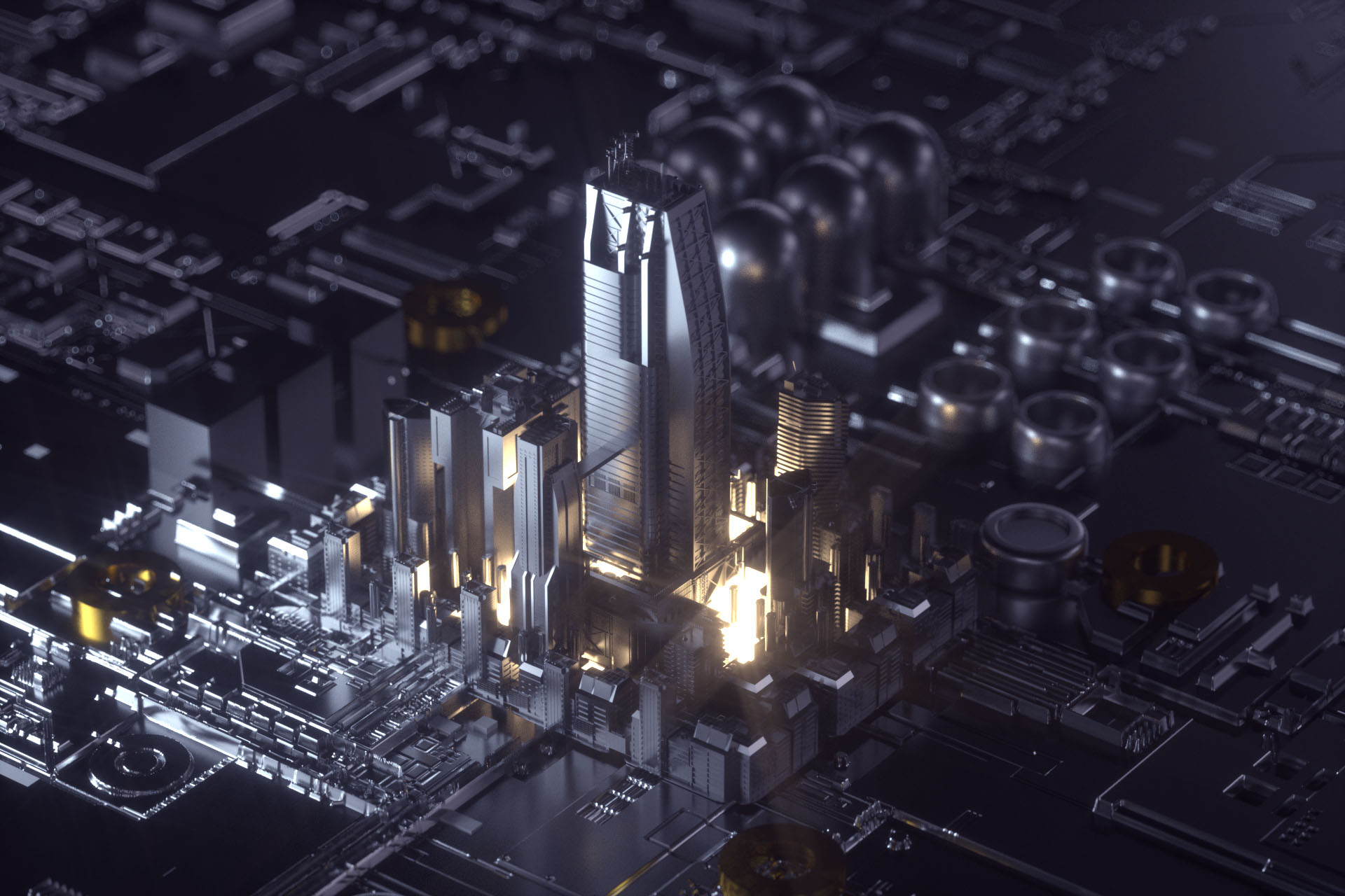 c4d工程模板科技暗黑钢铁城市5g元素