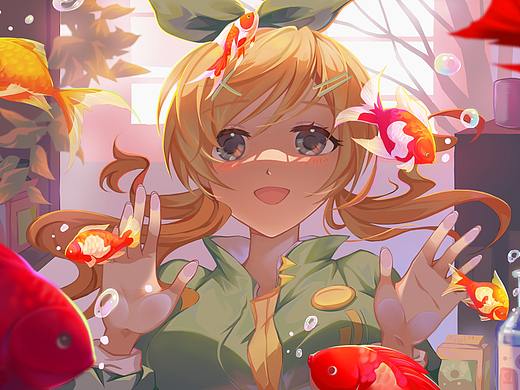 观赏金鱼的少女