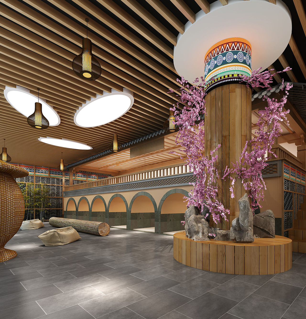 600*300的工字铺仿古地砖简单、大方.在空间中块面的运用也是对经典空间的致敬,沥青色的屋檐,韩式特色的柱头.现代而不失传统.
600*300 industrial characters are simple and generous. The use of block surfaces in space is also a tribute to the classical space, the eaves of asphalts, the capitals of Korean style. Modern rather than traditional.