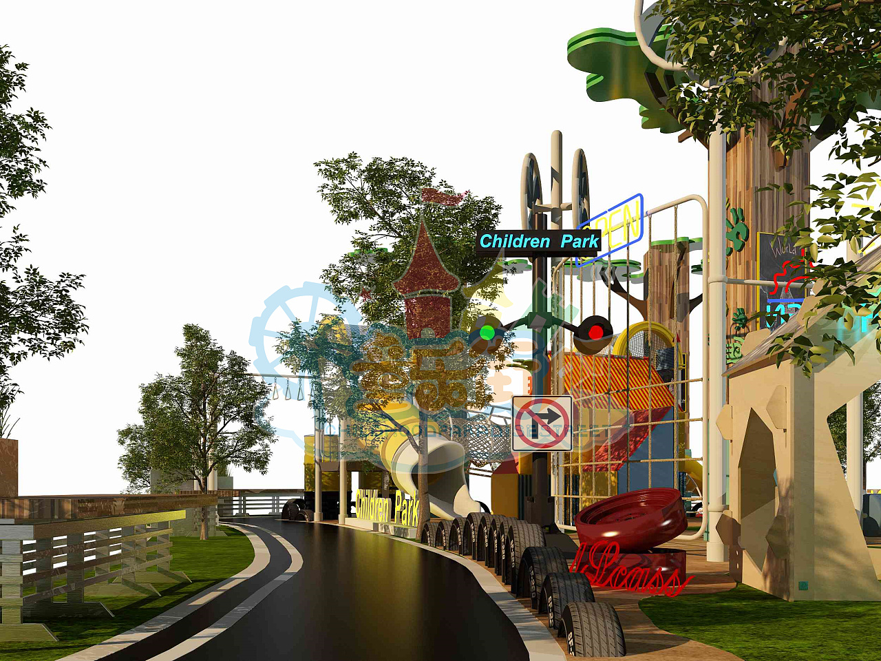 现代园林儿童游乐场鸟瞰3d模型下载-【集简空间】「每日更新」