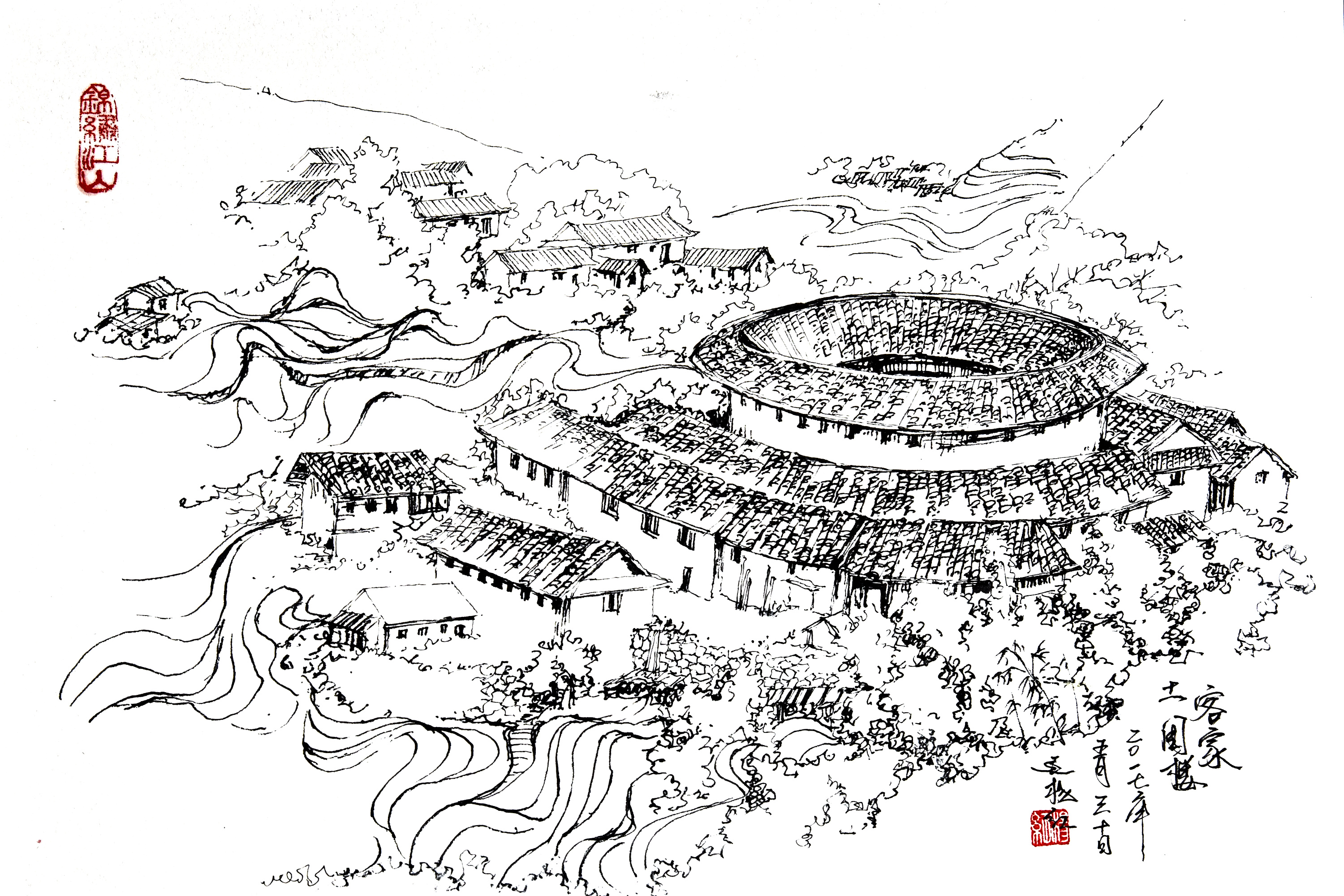 钢笔风景速写——村寨_延杨红钢笔画-站酷zcool