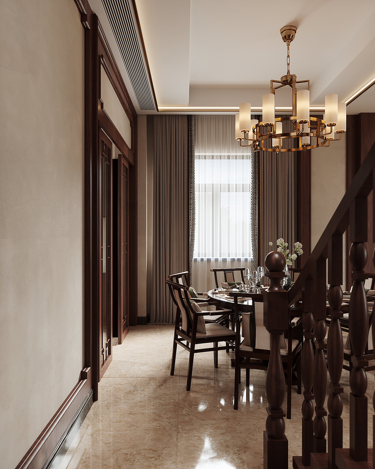 鸿烨表现|中式韵味十足的客餐厅效果图