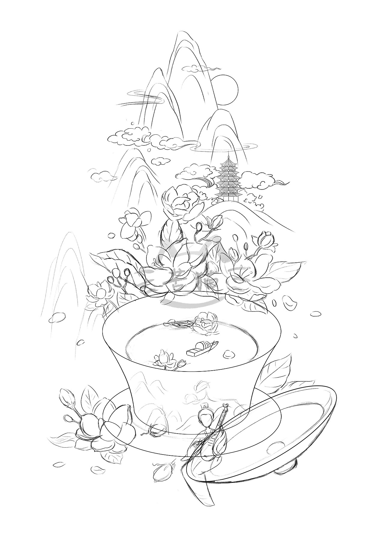 国风微观场景插画『茉莉花茶』