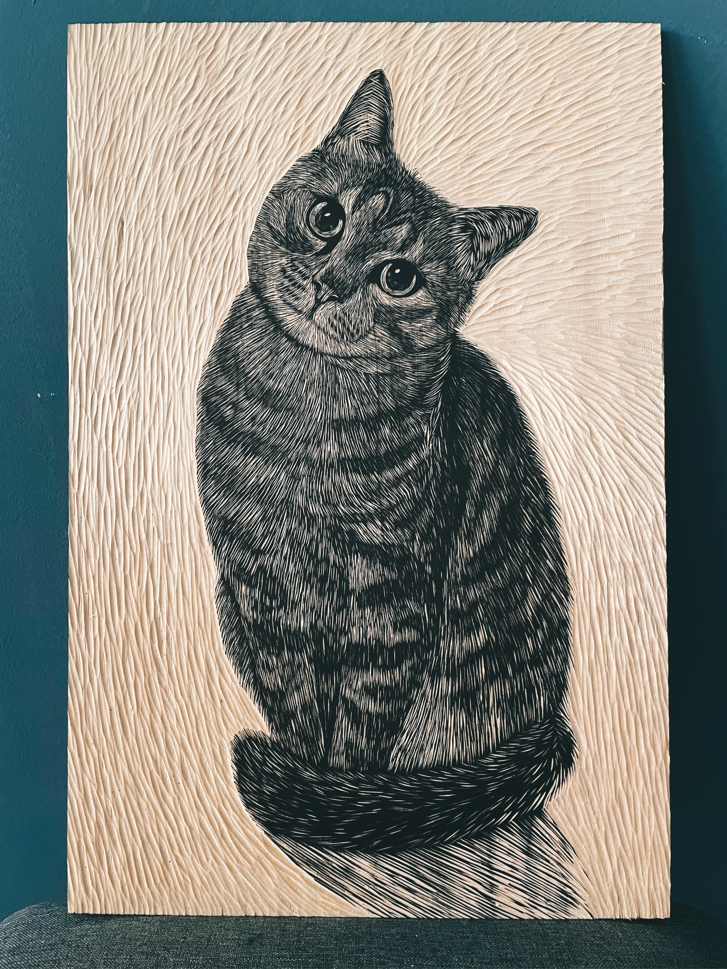手工雕刻猫咪木刻版画