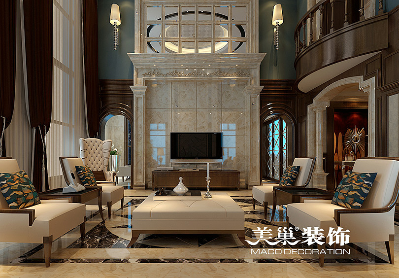 思念果岭国际社区460平别墅装修，挑高客厅大气尊贵（图ZODgyMDc5MDQ=） - 家装设计 - 站酷设计师装修小达人原创素材 - 站酷ZCOOL