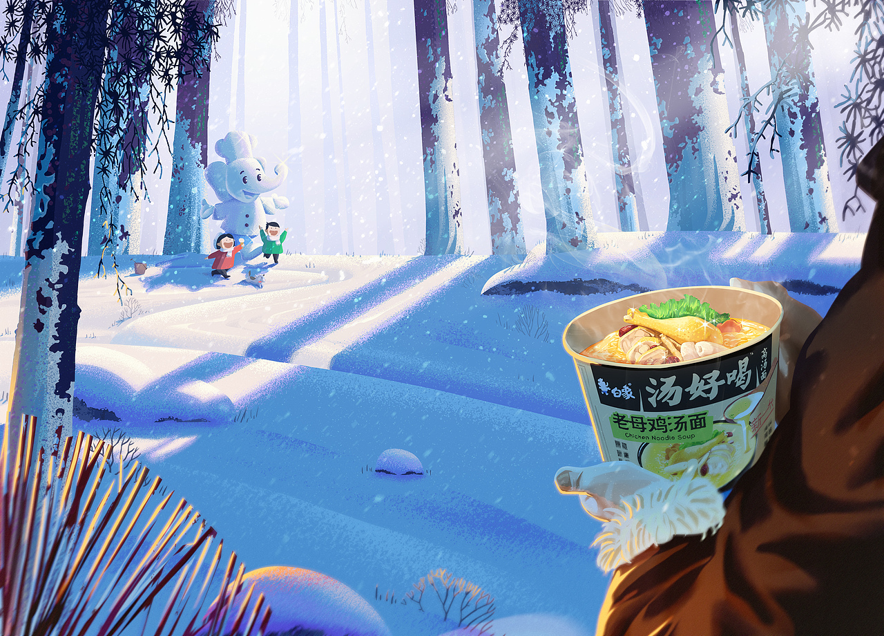 远处的孩子开心的玩耍，近处是温暖的白象汤好喝方便面，美味又温暖的方便面就像洒在孩子身上的暖阳！
