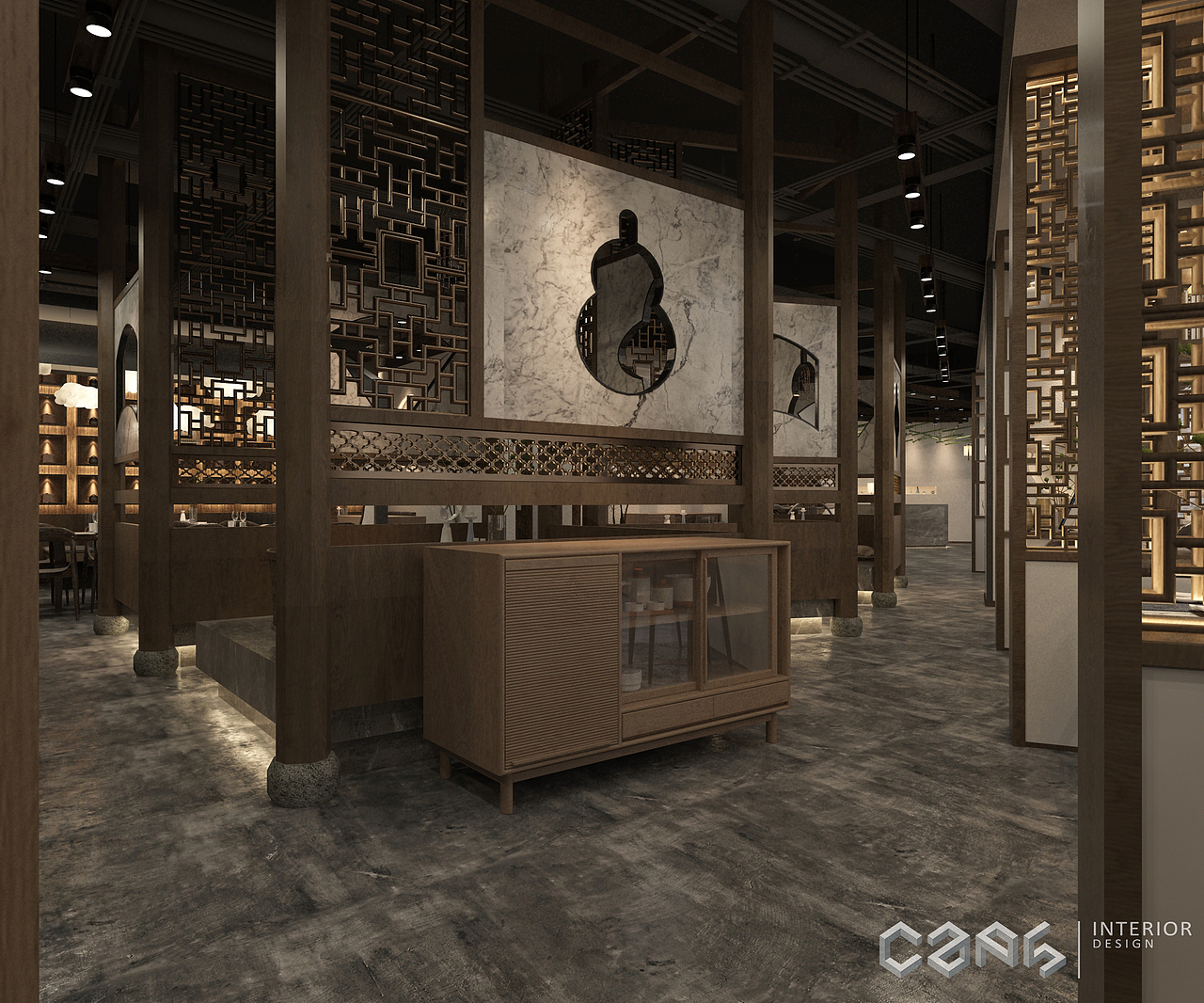 葫芦、祥云、不规则图案……不同窗格形状的木栅格屏风形成空间分隔,古朴的木纹在如水银流泻般的灯光下纹路毕显,更显古意盎然