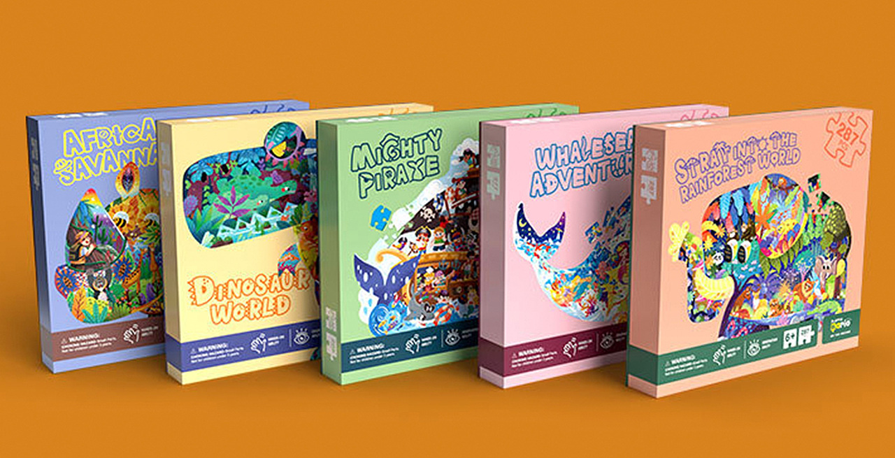 异形创意拼图插画—海盗船&动物世界