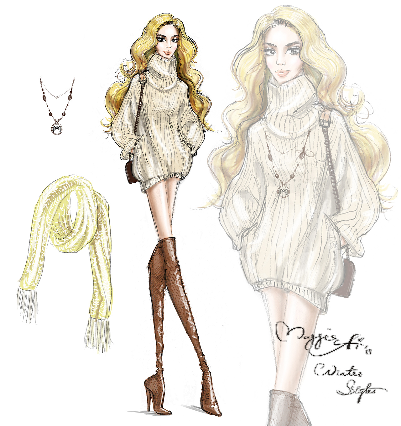 下衣失踪。
怕冷?里面加一条短裤。<br>还怕冷?再加一双肤色丝袜。<br>天气再冷一点?<br>加同色系的围巾 / 披肩 / 开衫,<br>随便怎么搭都协调。<br>Ps. 鞋子是搭配重点,<br>换上灰色长靴效果也不错。<br><br>【必备】<br>上衣:宽松高领毛衣<br>长袜:肤色打底丝袜<br>鞋履:及膝靴<br><br>【配饰】<br>毛衣链、链条包包、围巾<br><br>