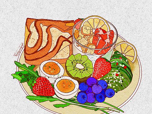 ipad美食插画 | 烤多层翻折吐司水果拼盘