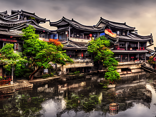 #站酷梦笔#江南古镇，赛博朋克（个人主页-ZNjQwNDg1MDA=） - AI作品 - 站酷设计师千针石林原创素材 - 站酷ZCOOL