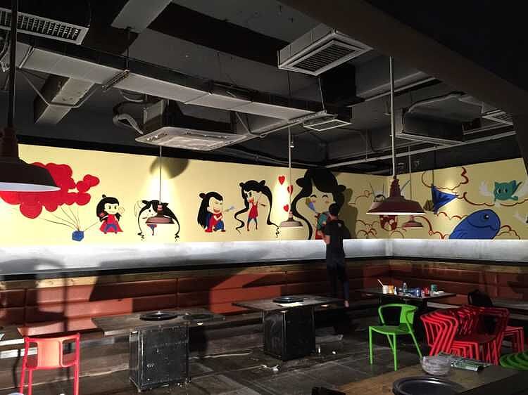 广州碳烤鱼与蒸锅鱼主题餐厅内外墙手绘壁画 其他 墙绘 立体画 川美墙绘