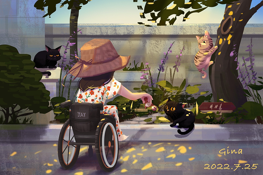 偶遇猫咪的女孩