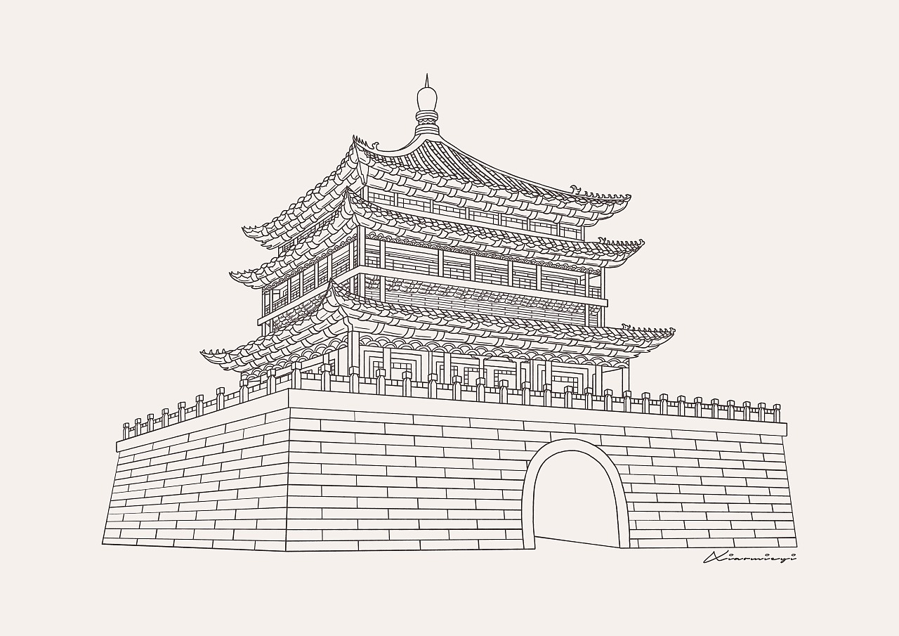 西安钟楼画法图片