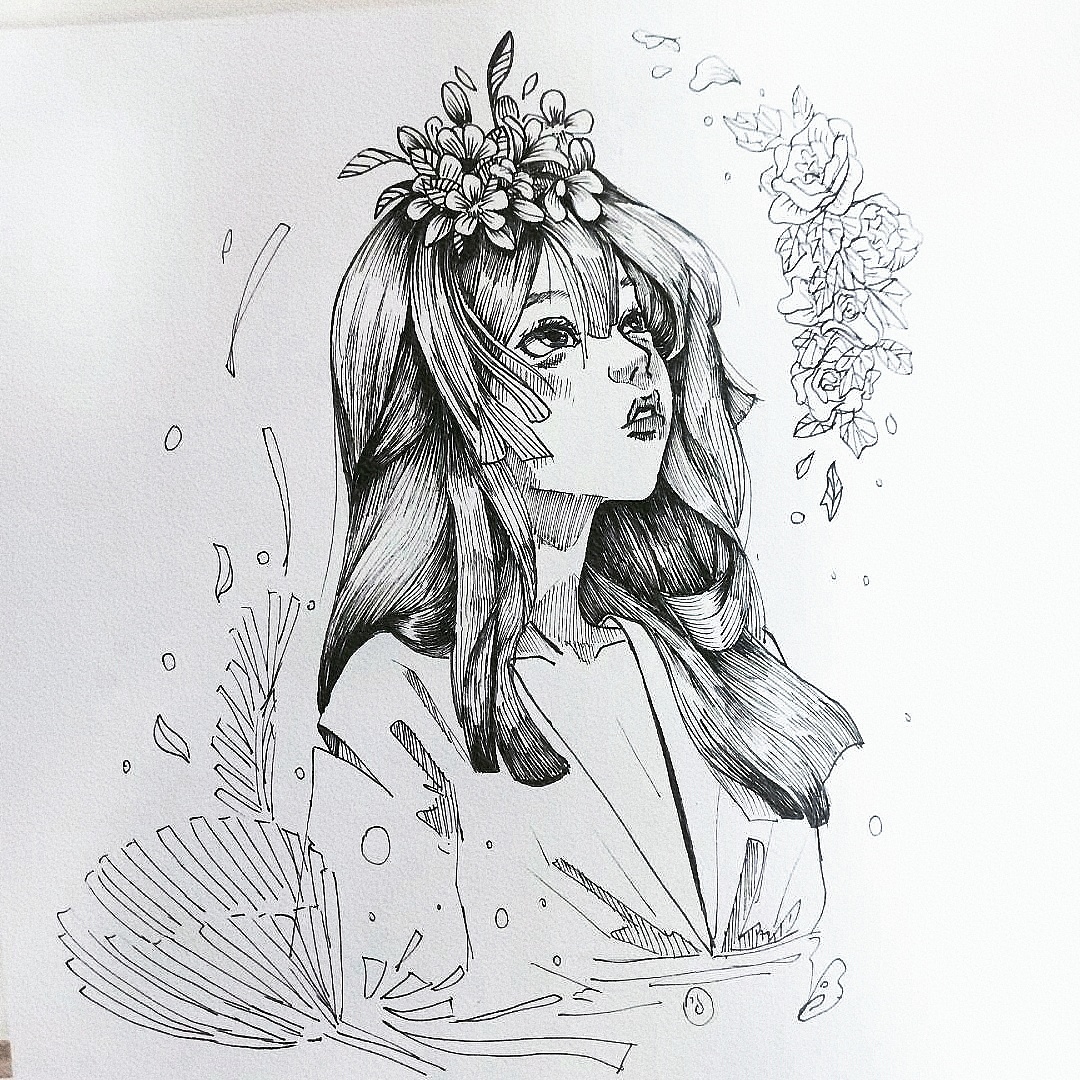 仰望(-)(黑白插画)