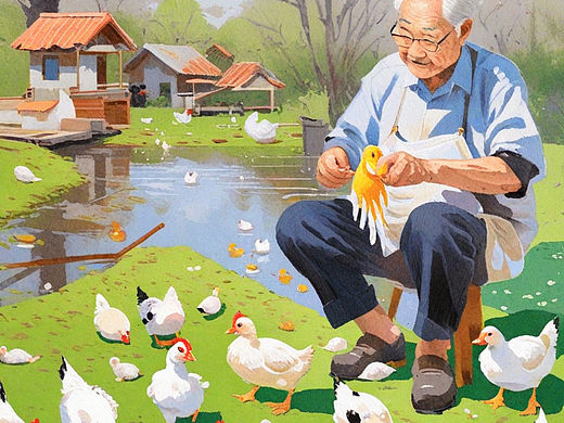 油画｜喂鸡鸭的爷爷