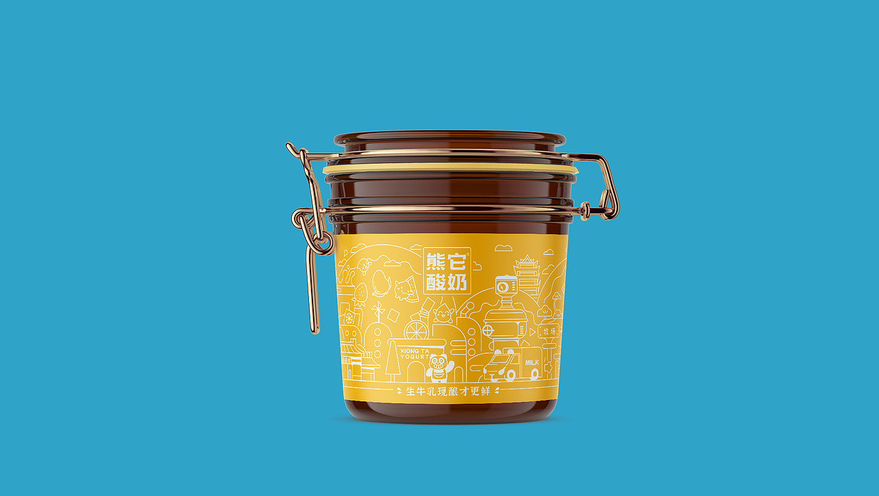 熊它酸奶-饮品品牌地标线性插画瓶身包装设计