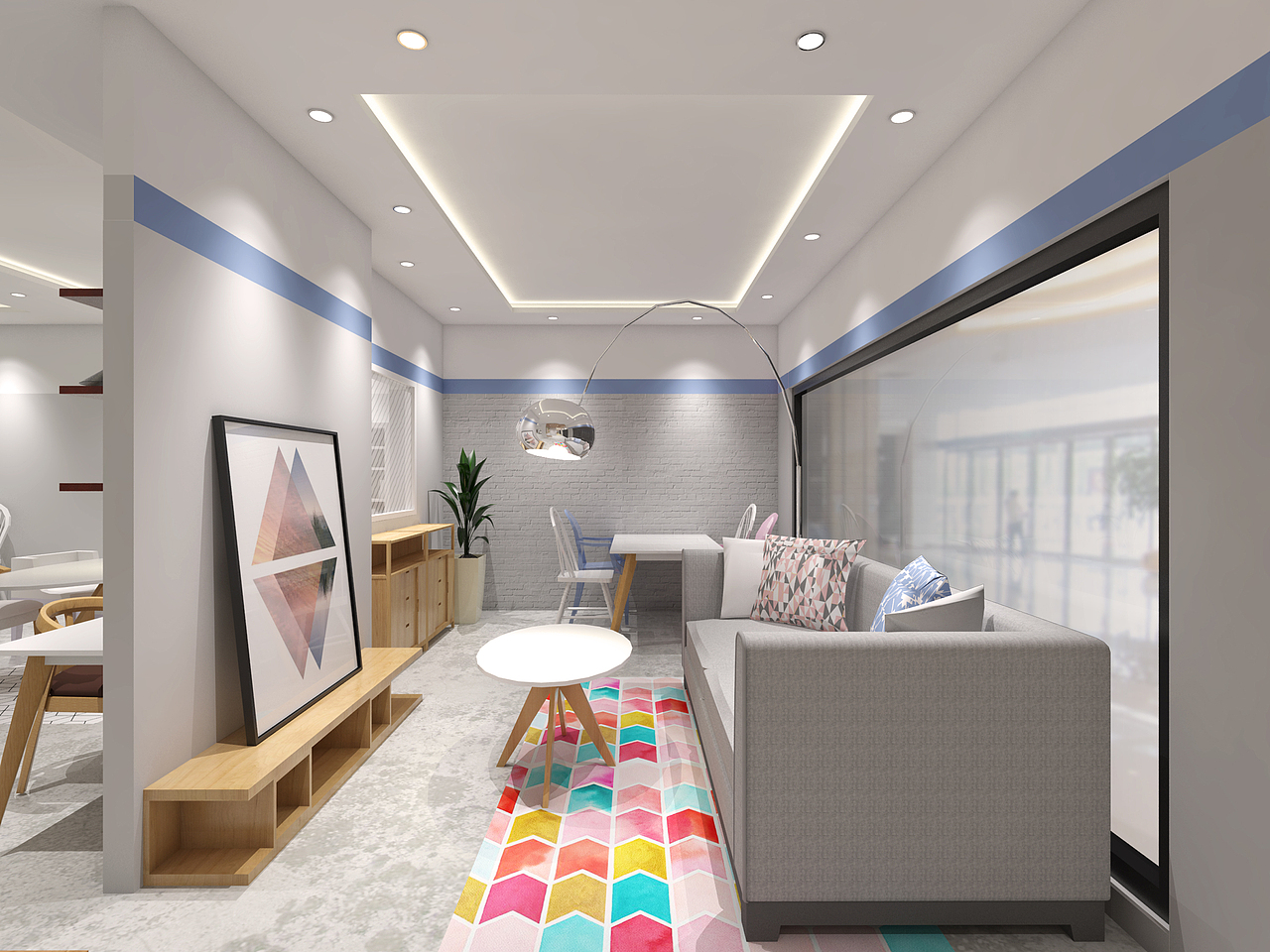 接待台两旁的橱窗展示区，布置的是本品牌的当季新产品。整体装饰运用了2016年PANTONE年度色「蔷薇粉」和「静谧蓝」，使空间温柔又不失活力。