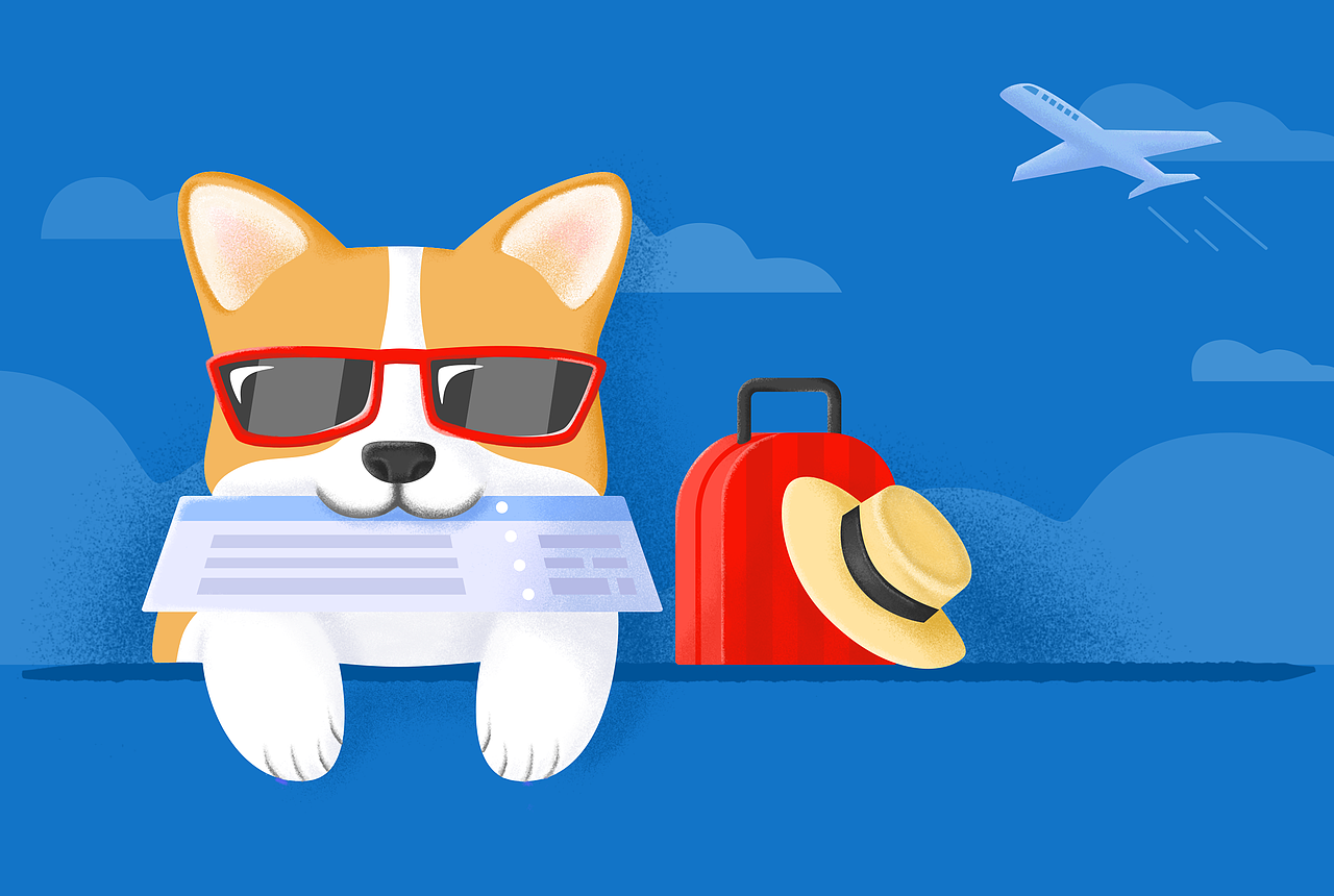 戴墨镜的柯基狗狗邀您一起旅行