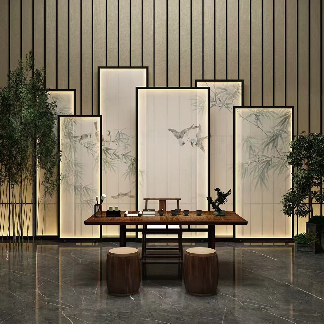 新中式茶室背景屏风应用隔断方案（图ZMjgzNTIwMTg4） - 酒店餐饮设计 - 站酷设计师shunlong2018原创素材 - 站酷ZCOOL