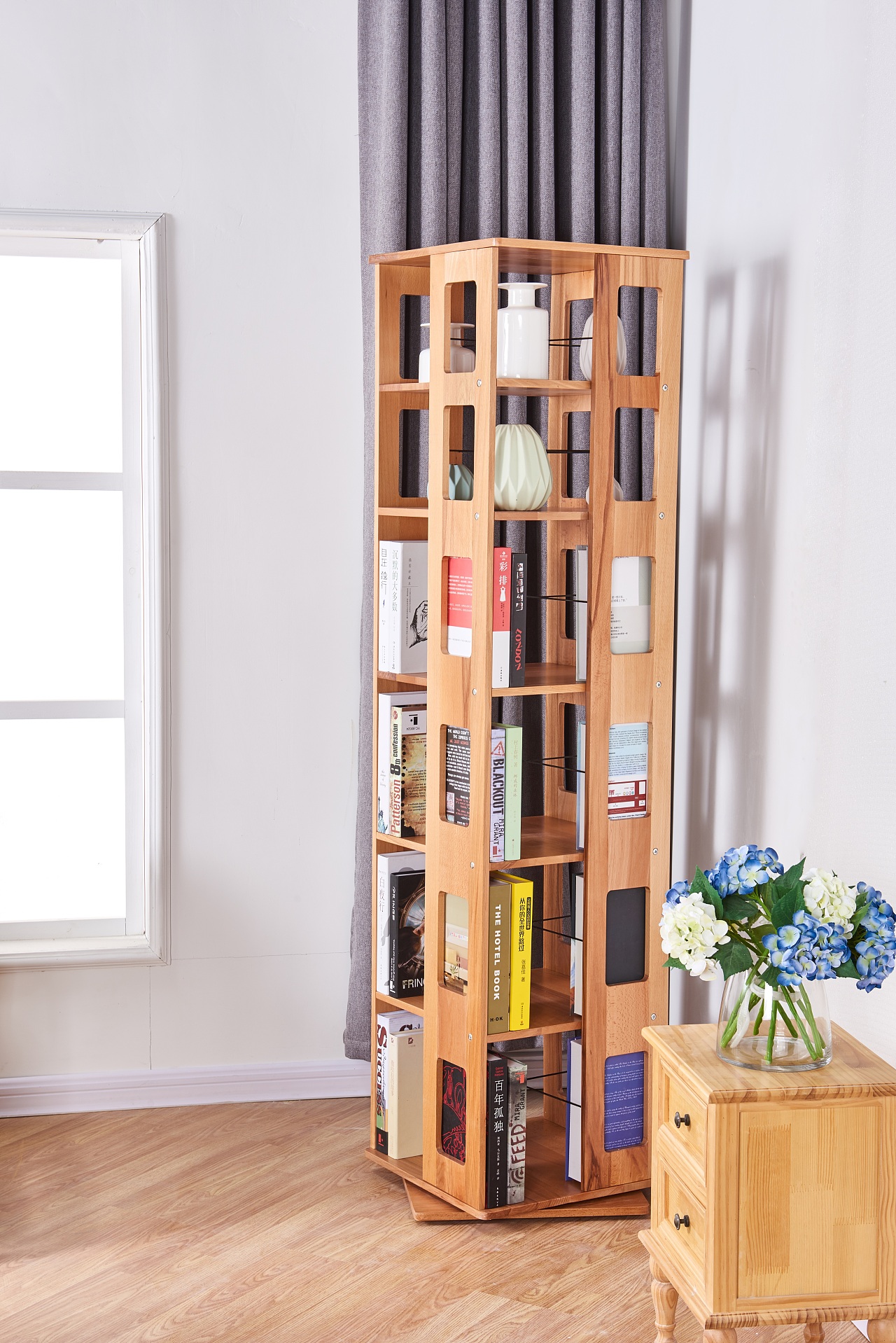 实木 原木 旋转书架 书柜