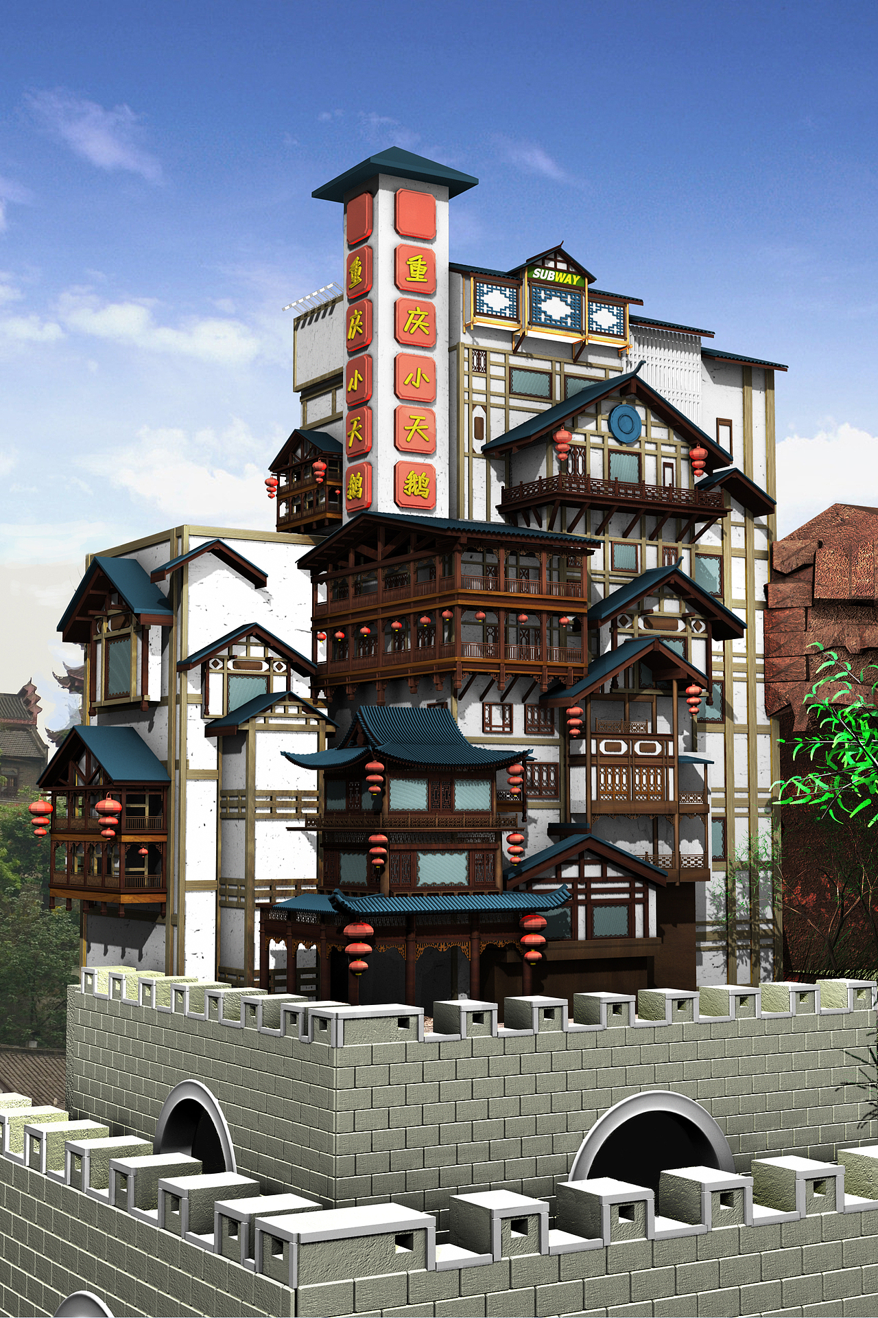 maya做的一个洪崖洞的场景,后期在ps修了一下深圳|三维设计师sunbinqj