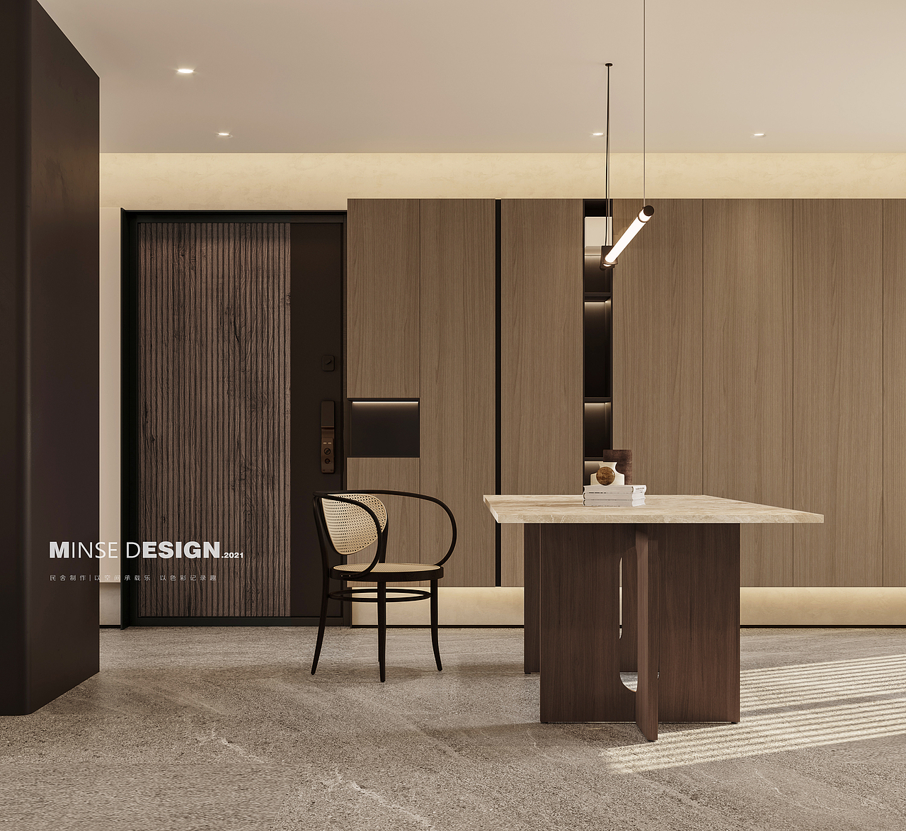 黑色体块包原有承重柱,整体结构设计上遵循体块线面的组合,更好的构成空间的设计美感。/ The black block covers the original bearing column, and the overall structure design follows the combination of line and surface of the block to better form the design beauty of the space.