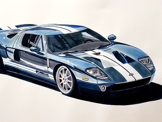 马克笔彩铅手绘 汽车手绘 福特gt