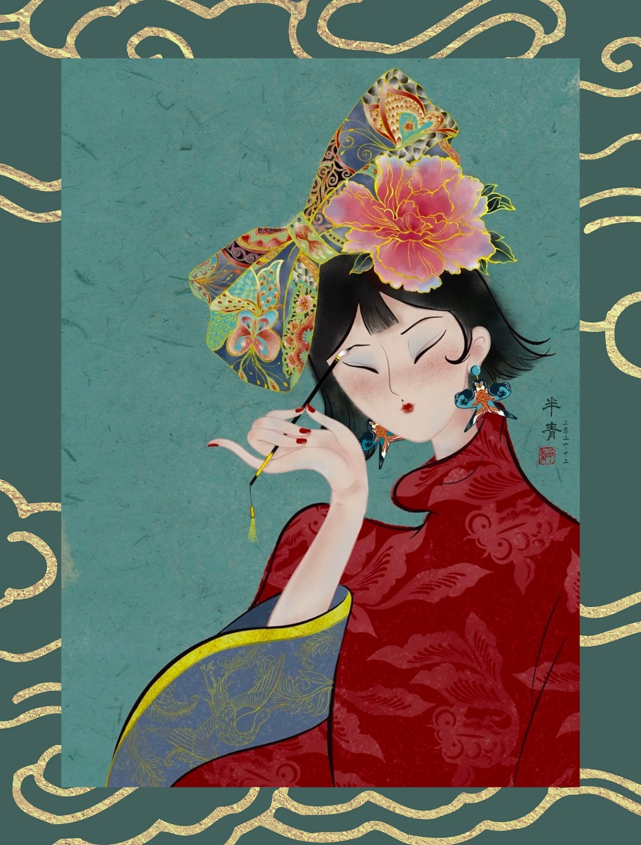 原创国风插画国潮传统艺术国风女子插画手绘化妆品画眉|插画|创作习作