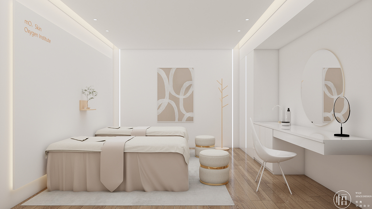 ▲双人间，Double Room
<br>整体刷白提供空间明度，<br>使用射灯、外翻灯池与线性灯提供照明，<br>胡桃色和柔和的肉粉色调中和了直线条结构的硬朗感，<br>一侧墙面定制了护墙板，<br>与现代插画一起，<br>呈现平静自然的主题。