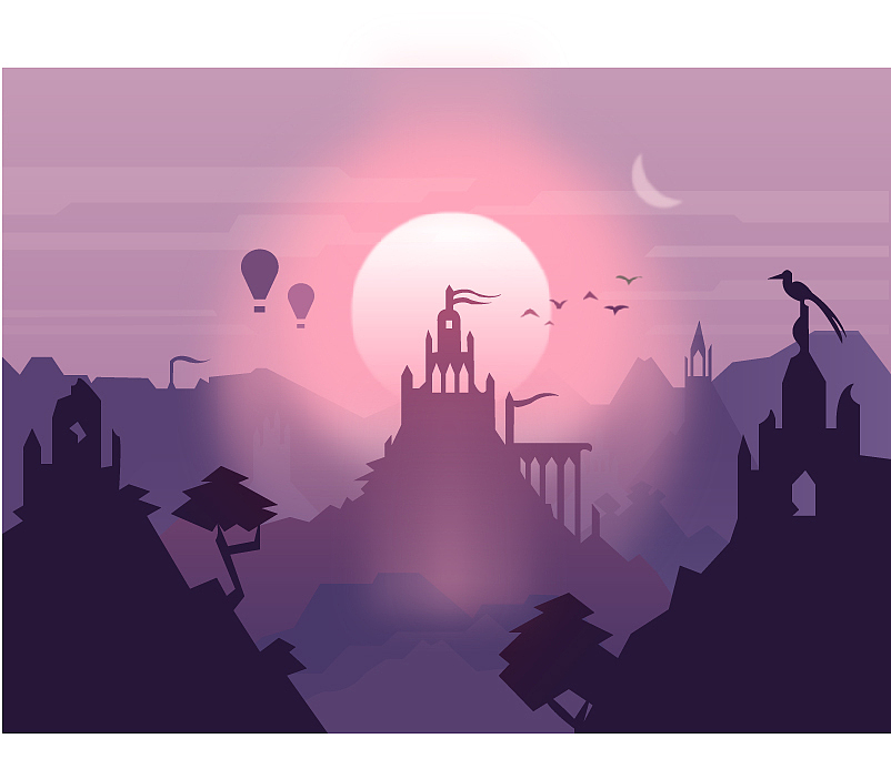 矢量插画游戏海报场景黄昏破落的城堡渐变风格（图ZODE5NDg1MDA=） - 创作习作 - 站酷设计师lulusensen原创素材 - 站酷ZCOOL