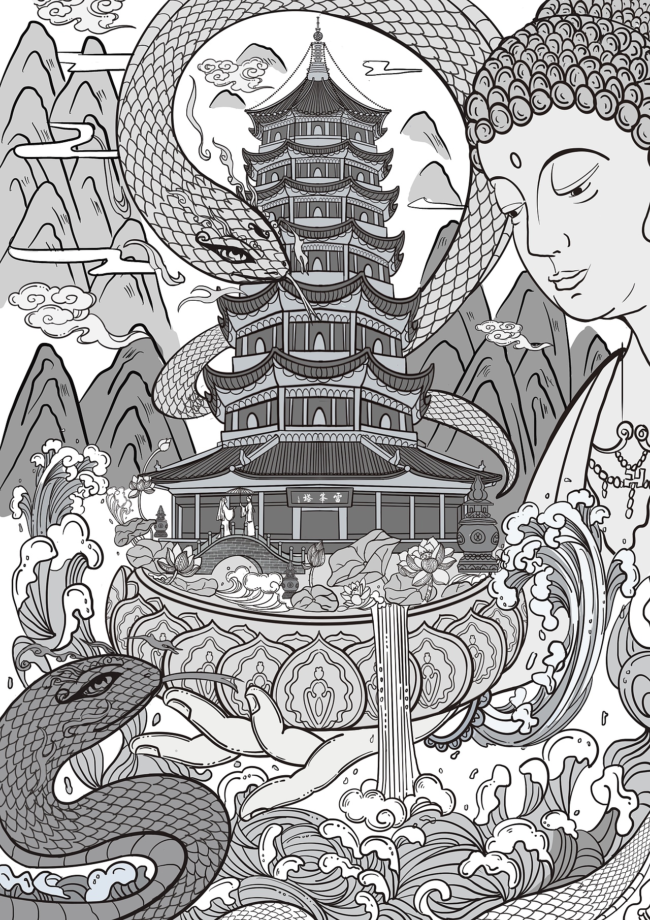 国风插画雷峰塔建筑白蛇青蛇元素