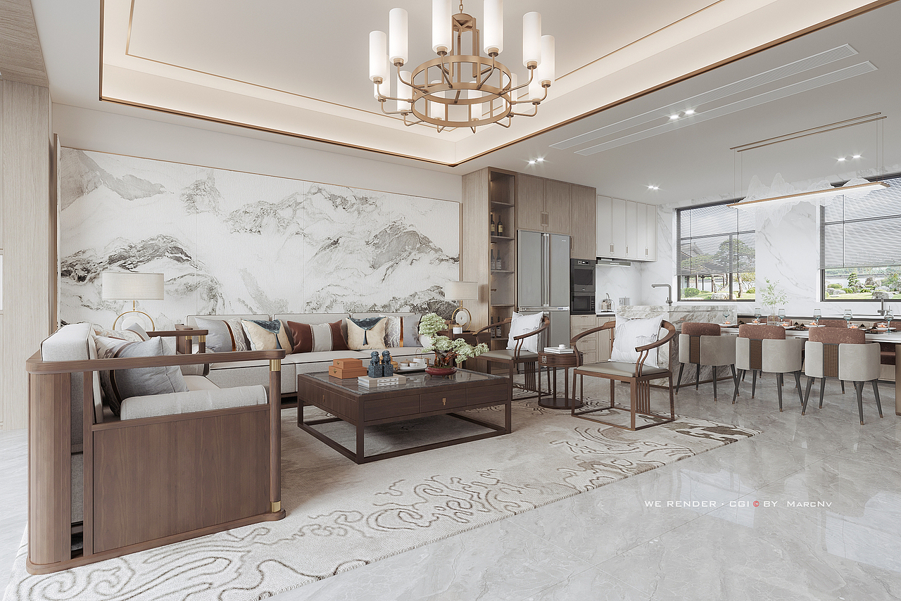 新中式客餐厅（图ZMjg0OTcxNzYw） - 家装设计 - 站酷设计师MarcNv原创素材 - 站酷ZCOOL