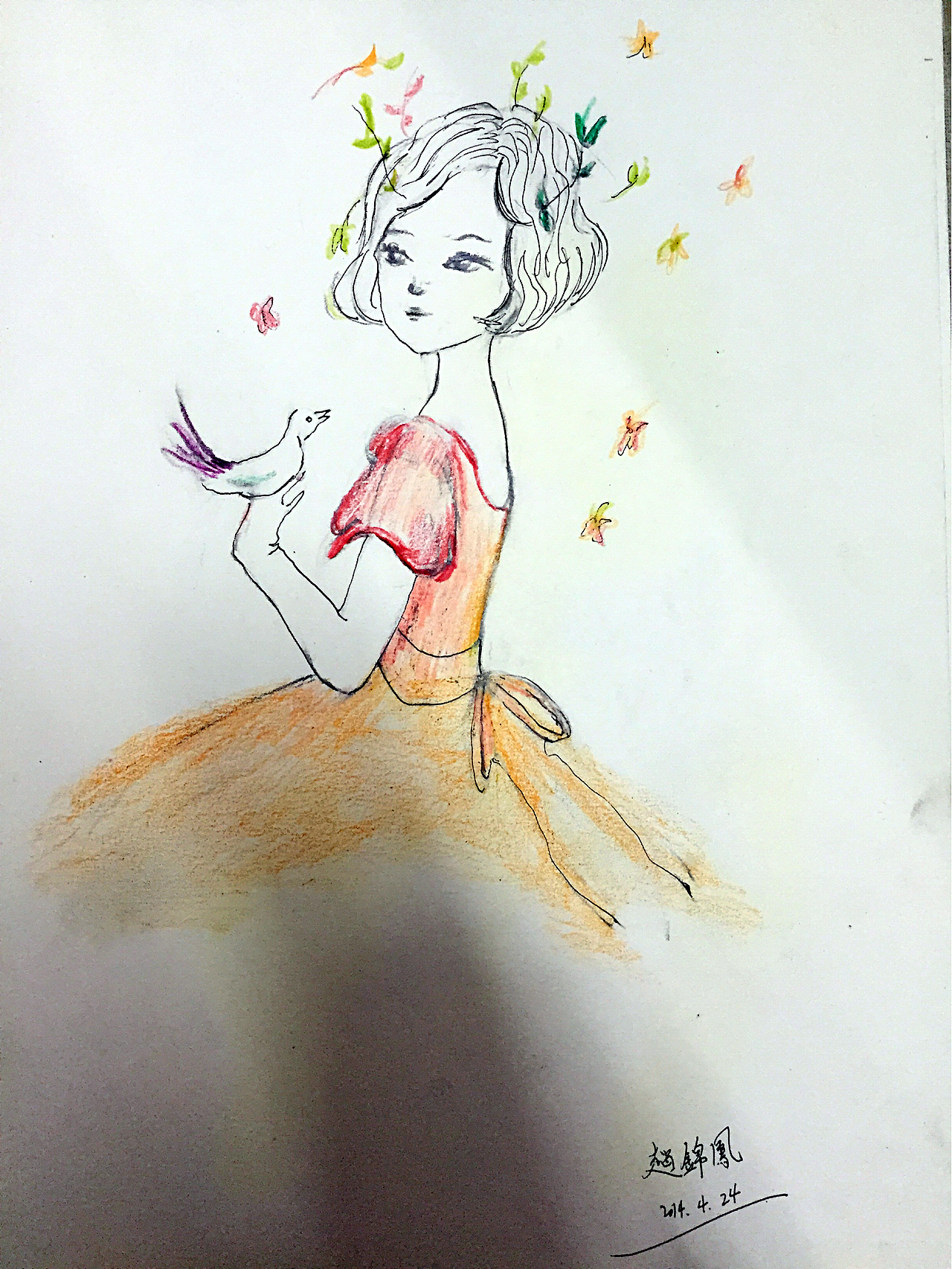 手绘彩铅短发女孩儿