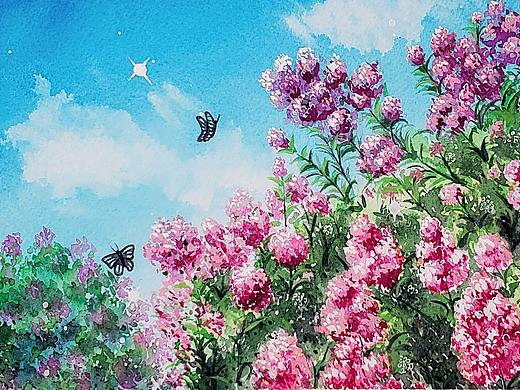 水彩手绘夏目友人帐电影版 场景 风景 天空 花丛