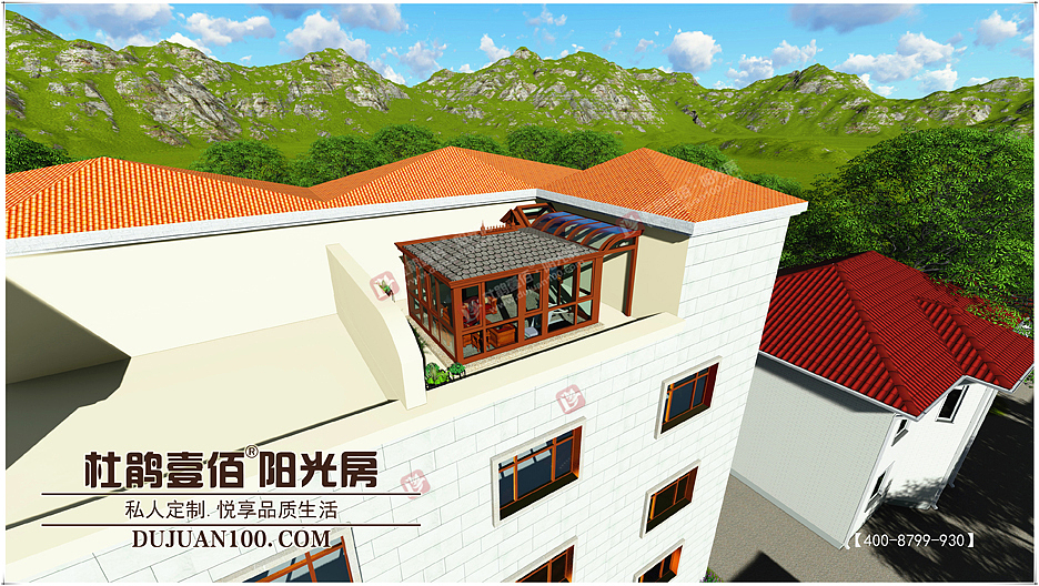 楼顶露台阳光房德高瓦阳光房+圆弧玻璃廊道设计图