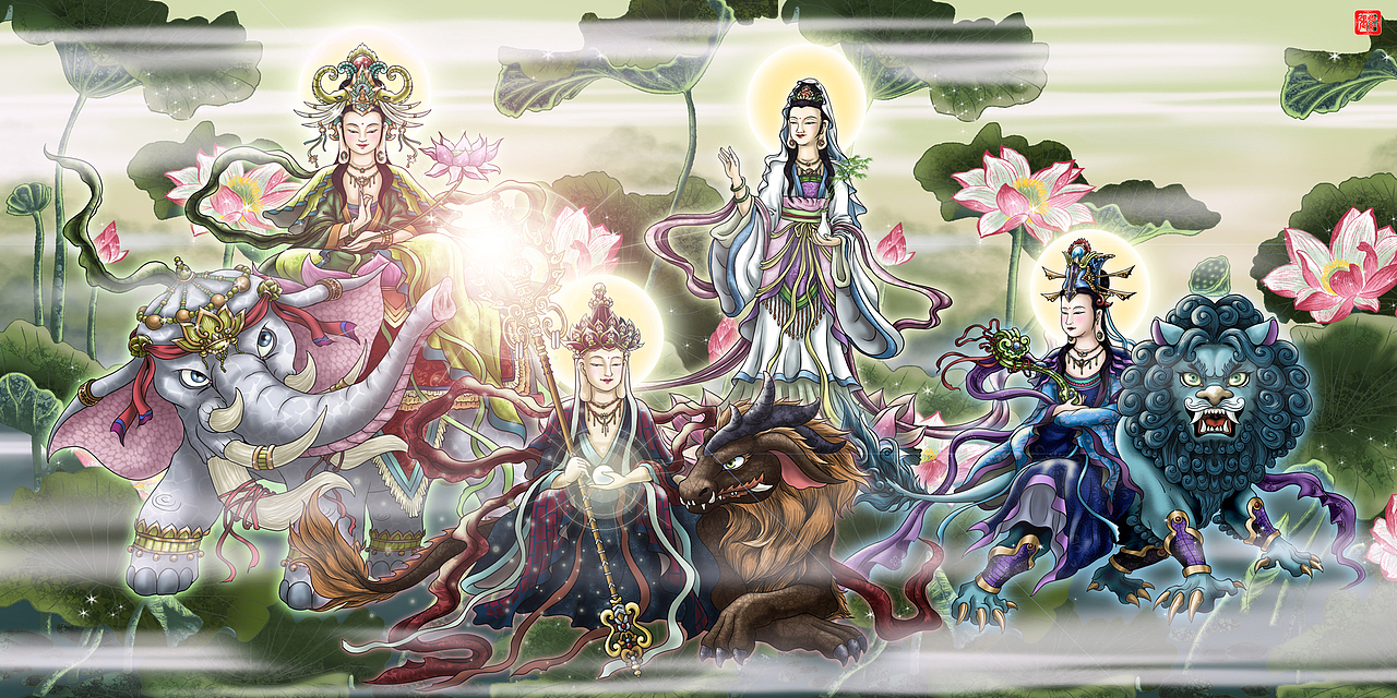 四大菩萨横版:普贤菩萨,地藏王菩萨,观世音菩萨,文殊菩萨(左至右)