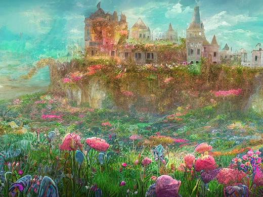 #AI创作实验室#花海里的一座废弃城堡