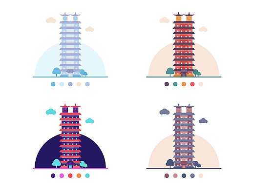 扁平建筑配色-二七塔