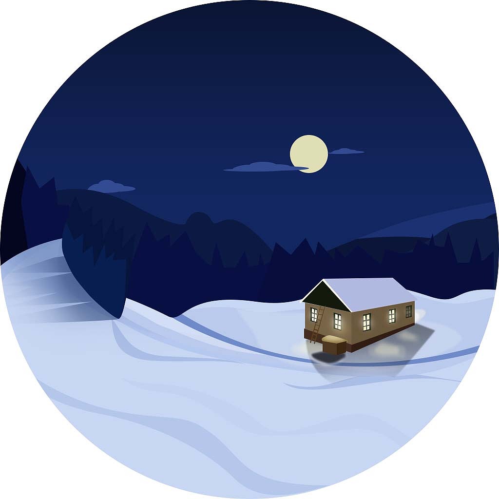 雪夜 森林 月亮 远山 小屋 还有小屋透出的暖暖的灯光深圳