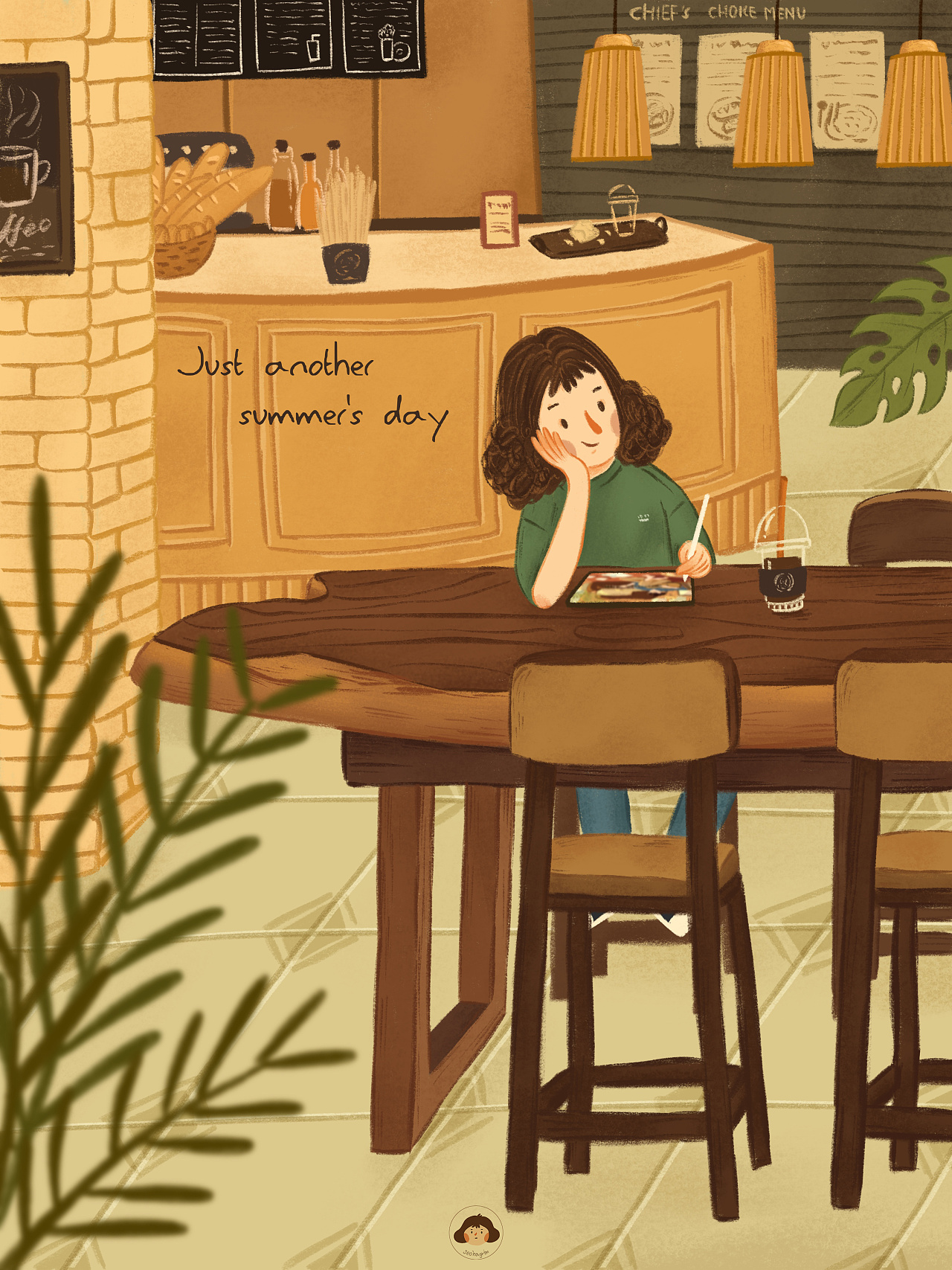 坐在咖啡厅画画