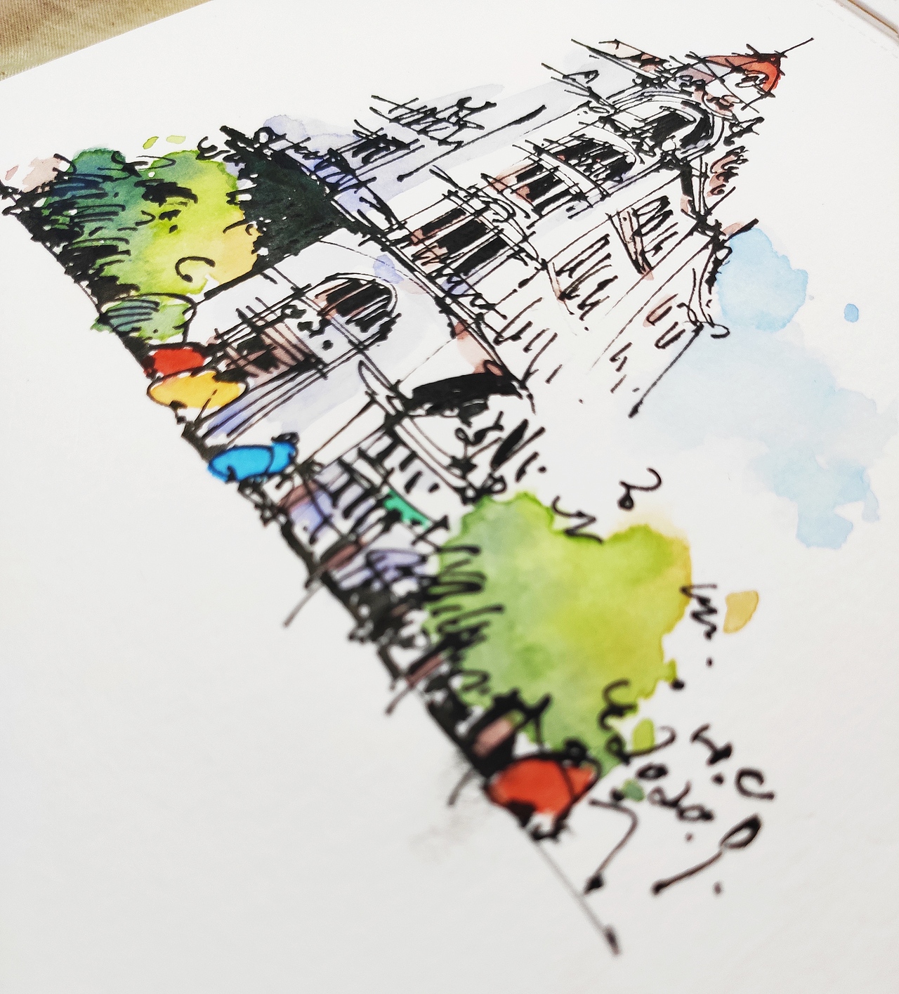 钢笔淡彩建筑风景速写