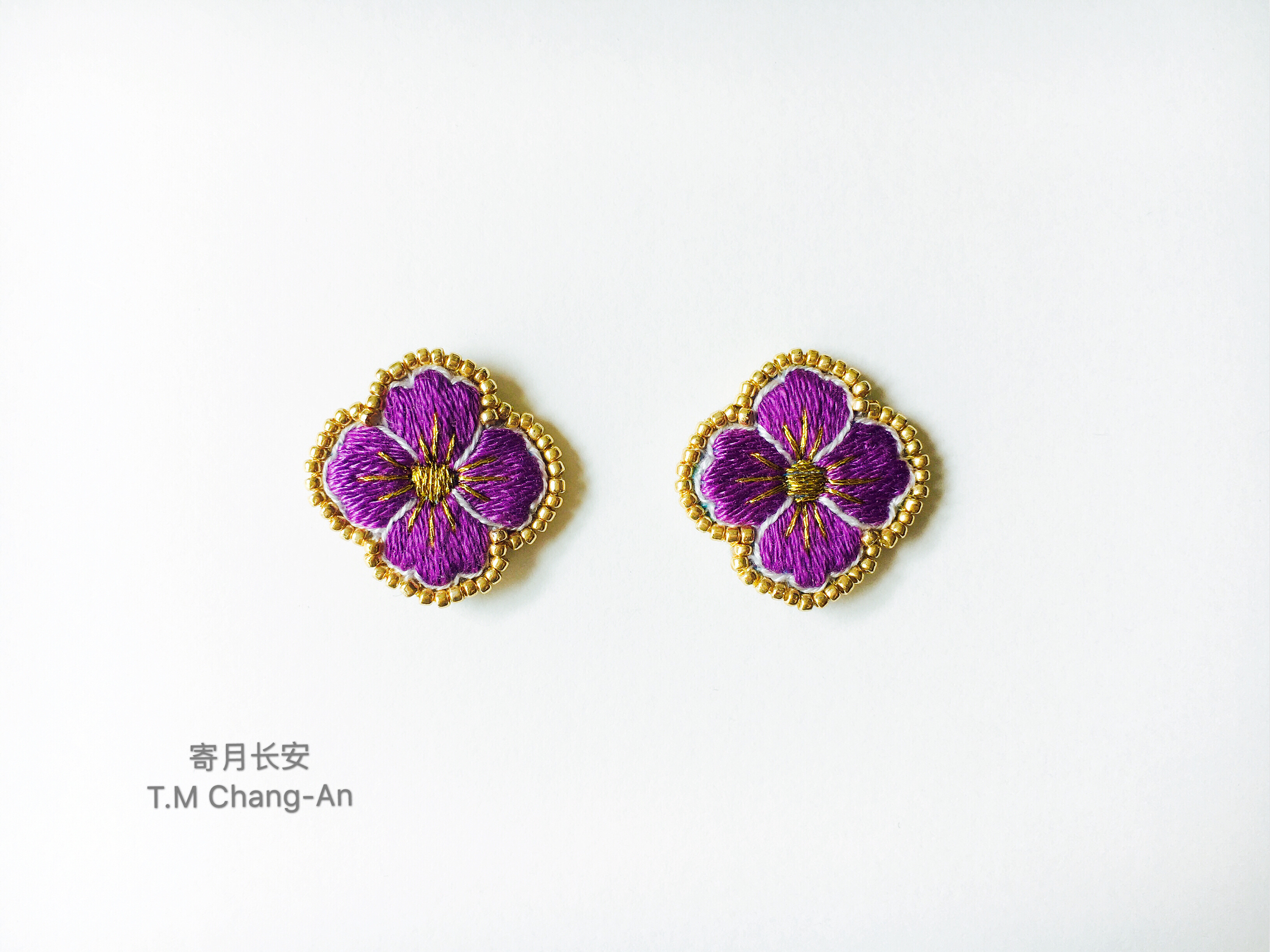 手工刺绣,唐代小团花刺绣耳钉